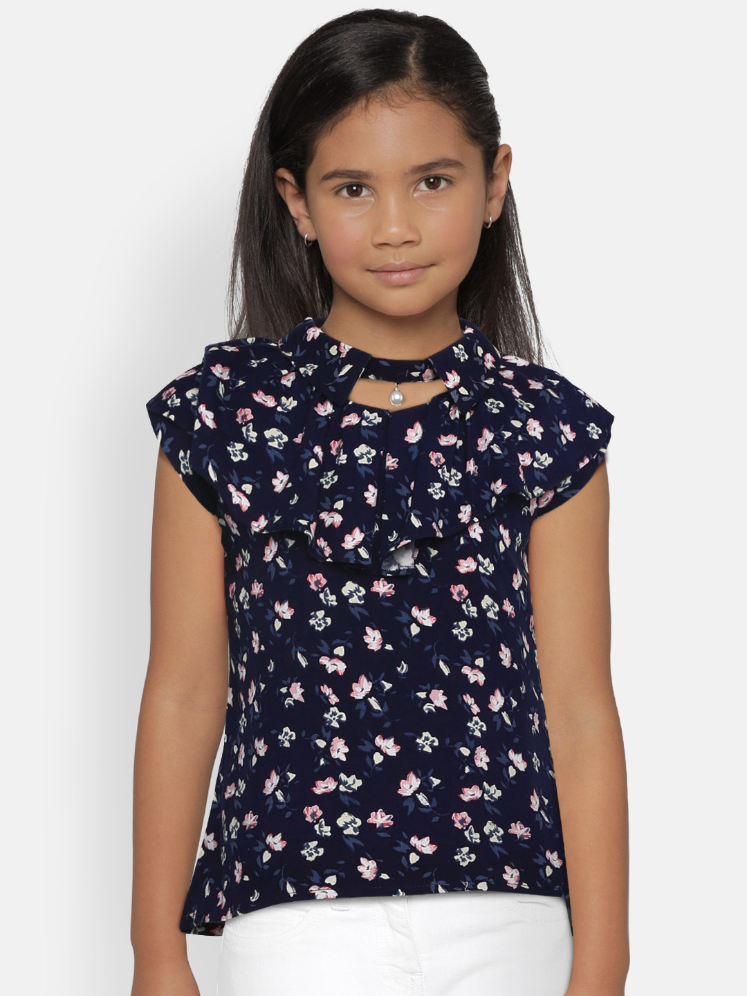

Peppermint Girls Navy Blue Floral Print Top