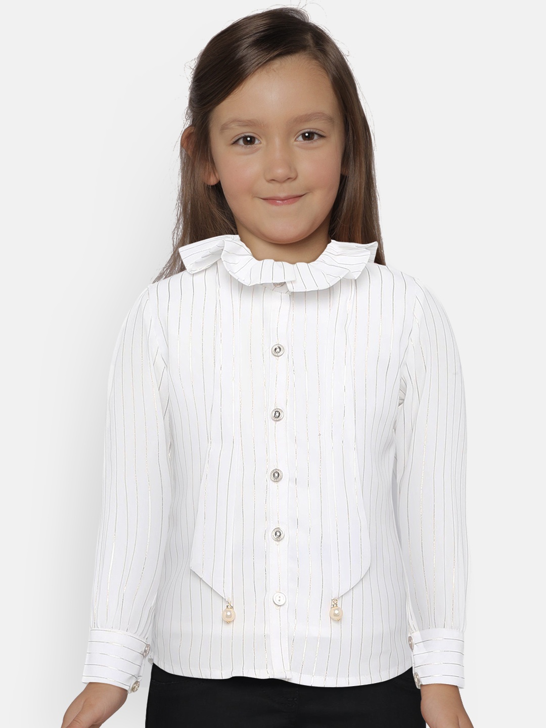 

Peppermint Girls White & Gold-Toned Striped Shirt Style Top