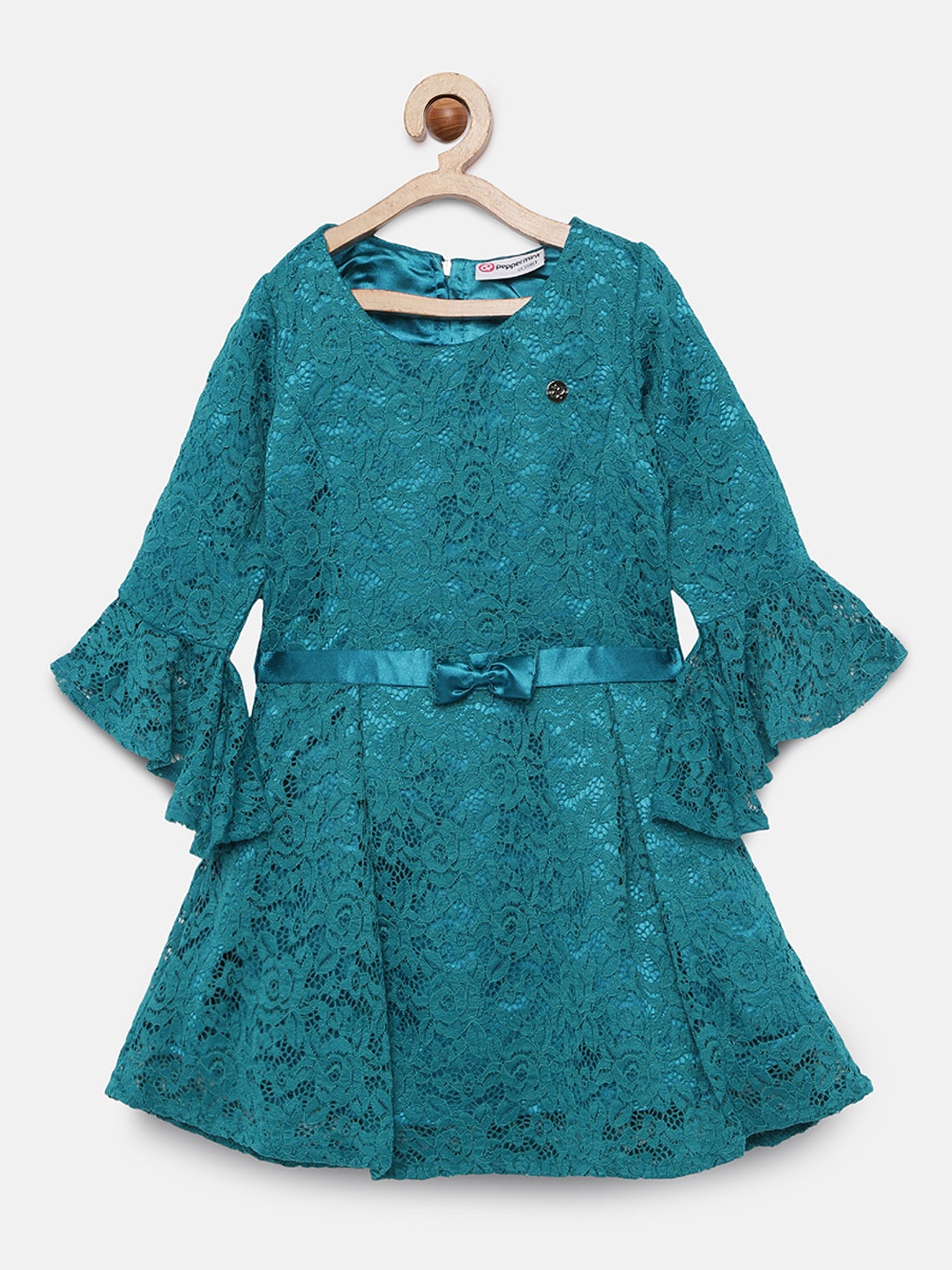 

Peppermint Girls Self Design Teal Fit and Flare Dress