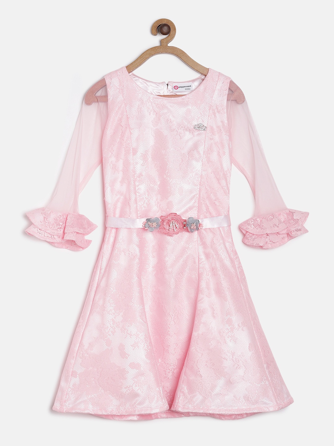 

Peppermint Girls Self Design Peach-Coloured Fit and Flare Dress
