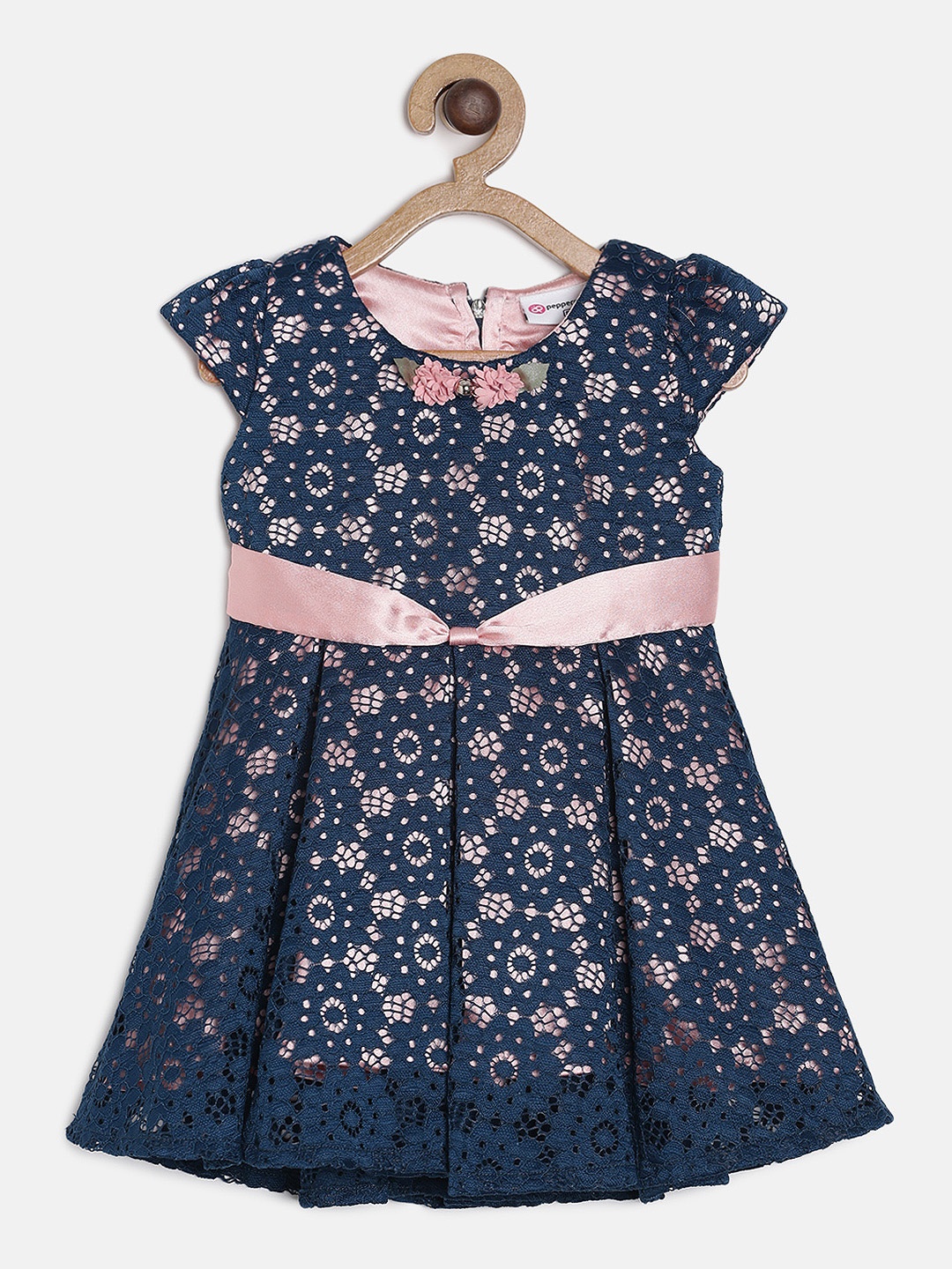 

Peppermint Girls Self Design Teal Blue & Peach-Coloured Fit and Flare Lace Dress