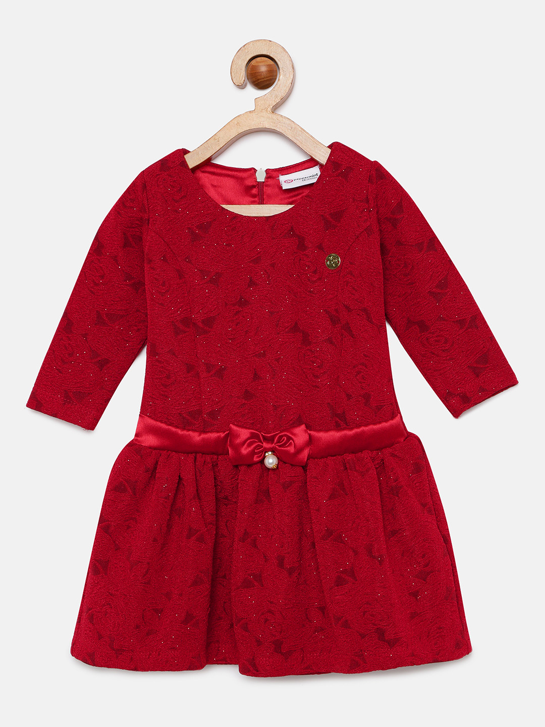 

Peppermint Girls Maroon Self Design Fit and Flare Dress