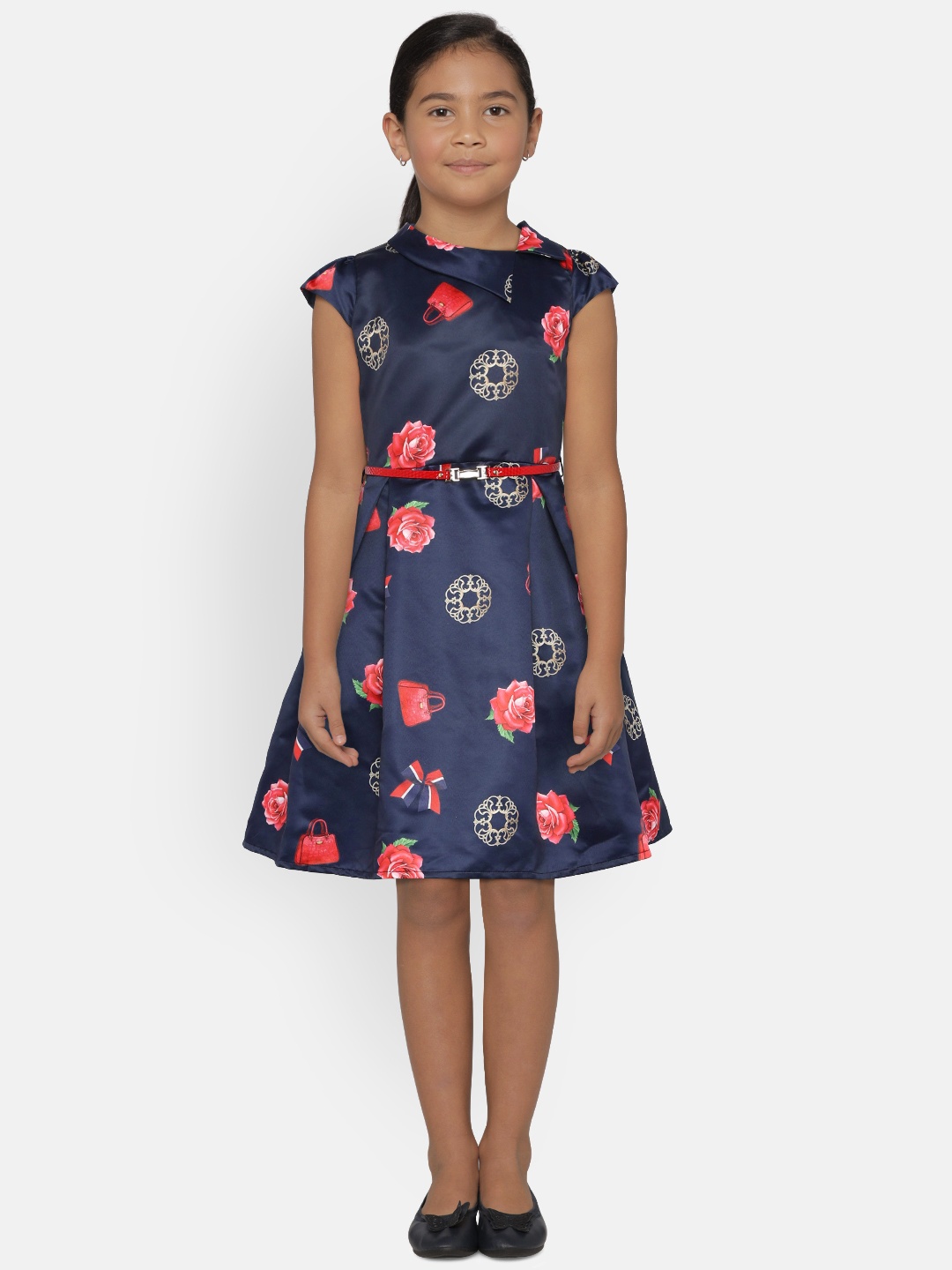 

Peppermint Girls Navy Blue Floral Printed Fit and Flare Dress