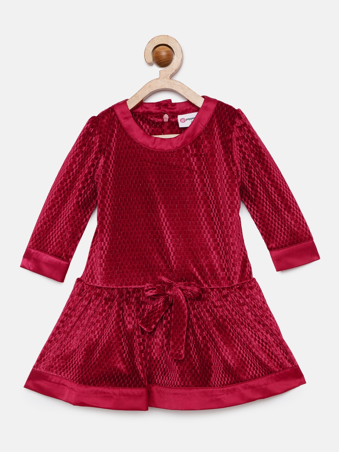 

Peppermint Girls Maroon Self Design Fit and Flare Dress
