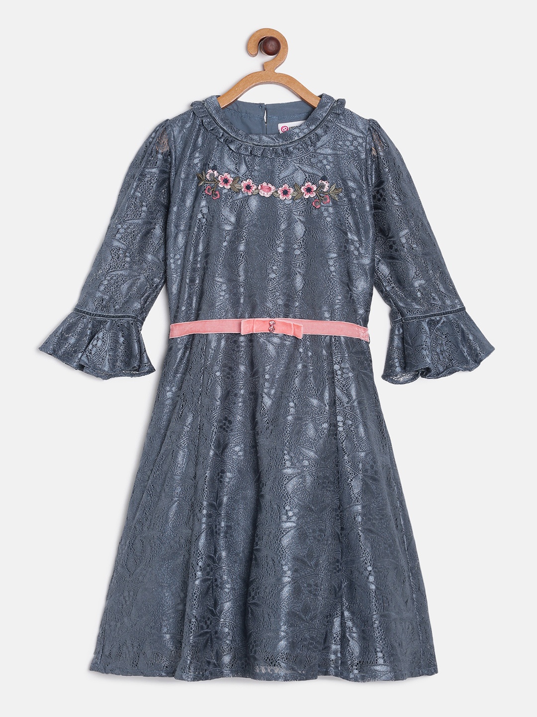 

Peppermint Girls Grey Self Design Fit and Flare Dress