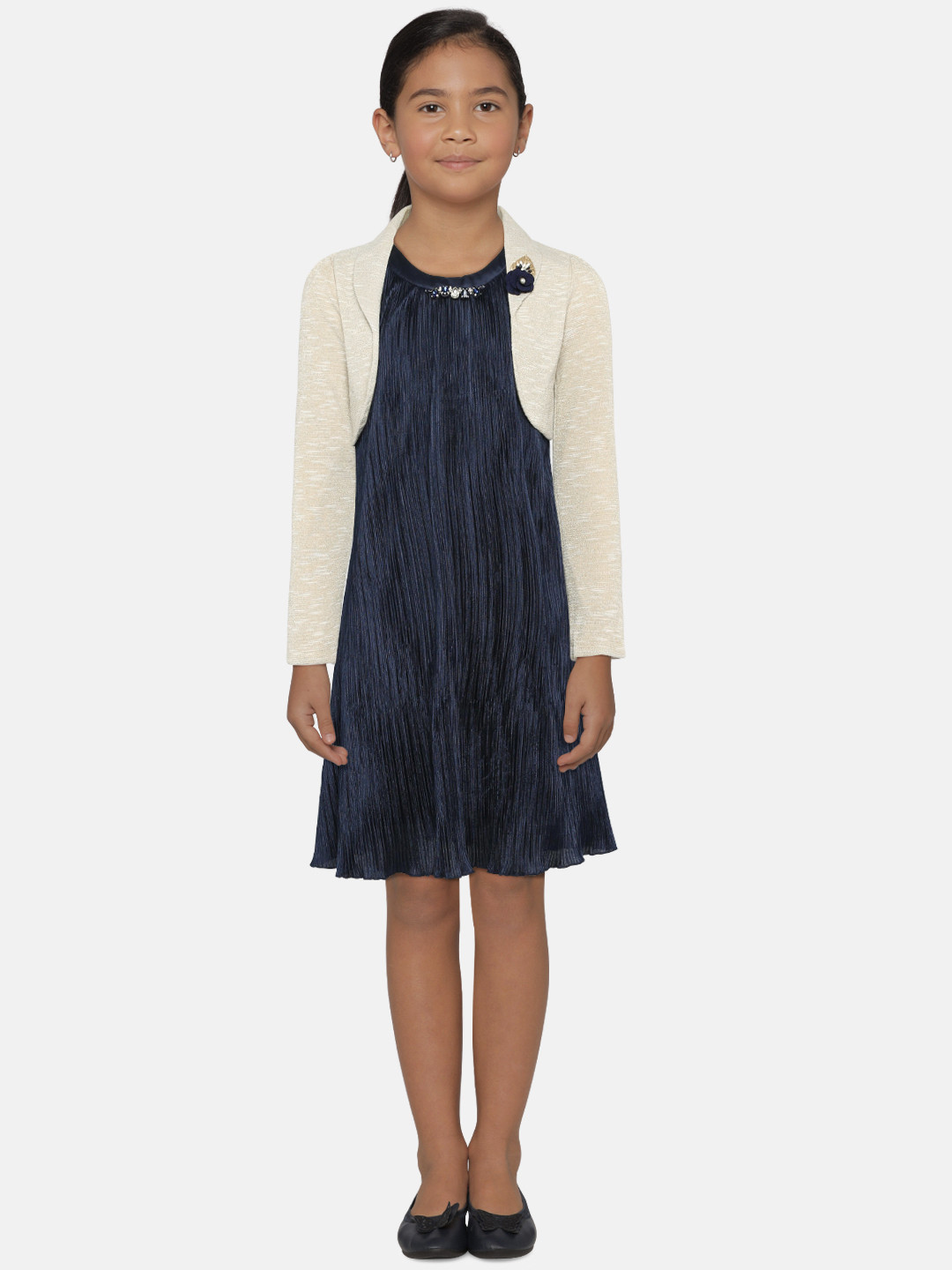 

Peppermint Girls Navy Blue Solid A-Line Dress with Shrug