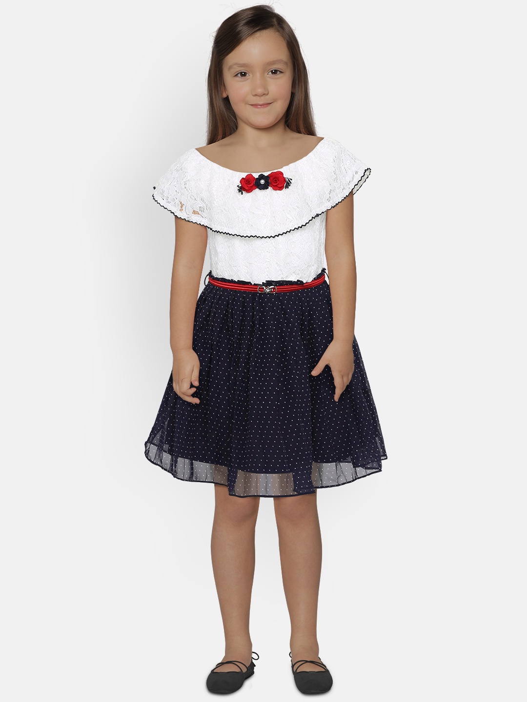 

Peppermint Girls White & Navy Blue Self Design Fit and Flare Dress