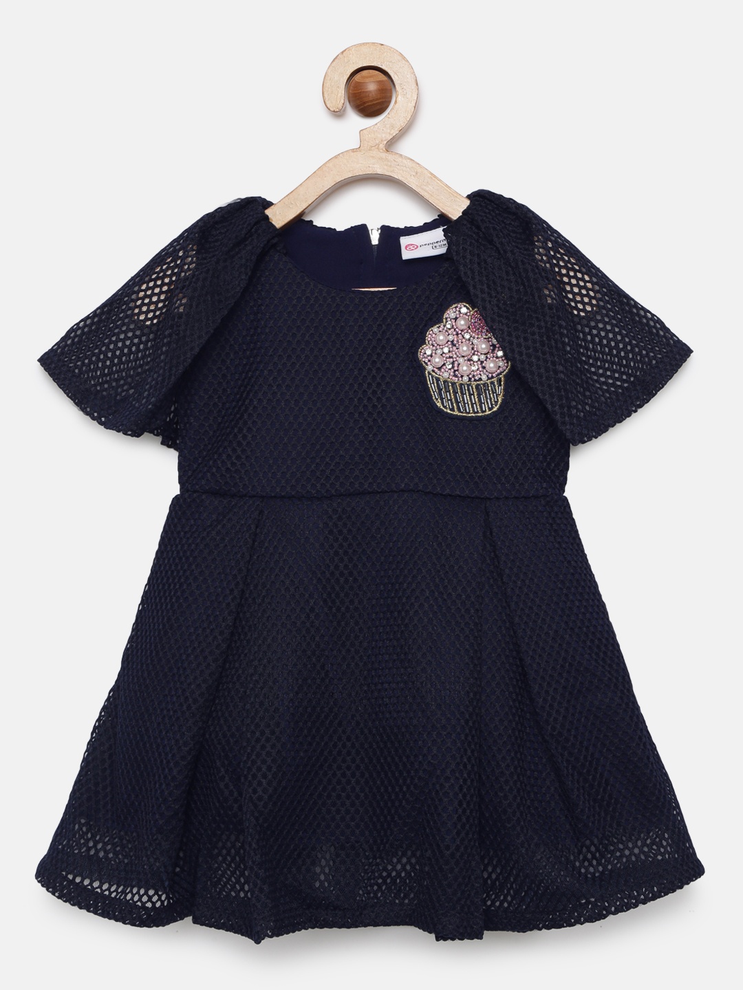 

Peppermint Girls Navy Blue Self Design Fit and Flare Dress