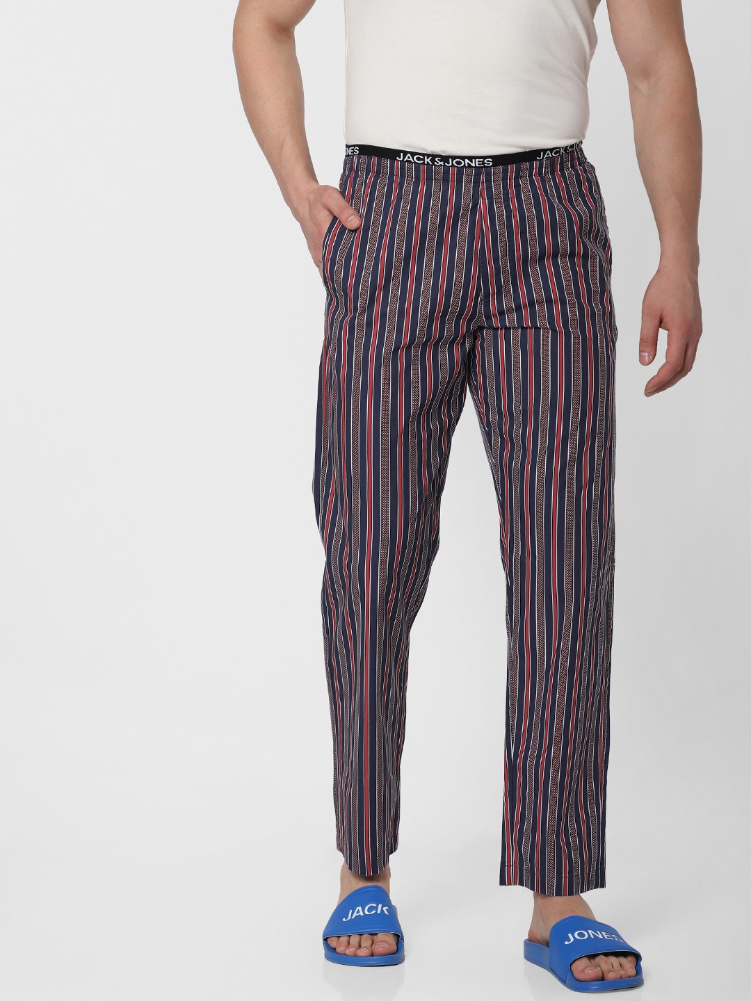 

Jack & Jones Men Navy Blue & Red Striped Lounge Pants