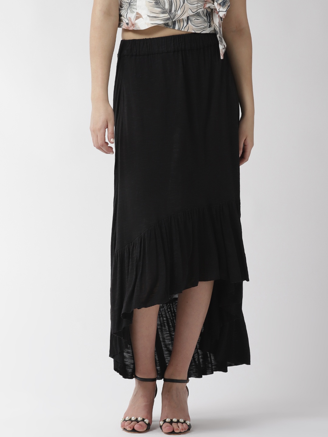 

Taurus Women Black Solid High-Low Midi Flared Skirt