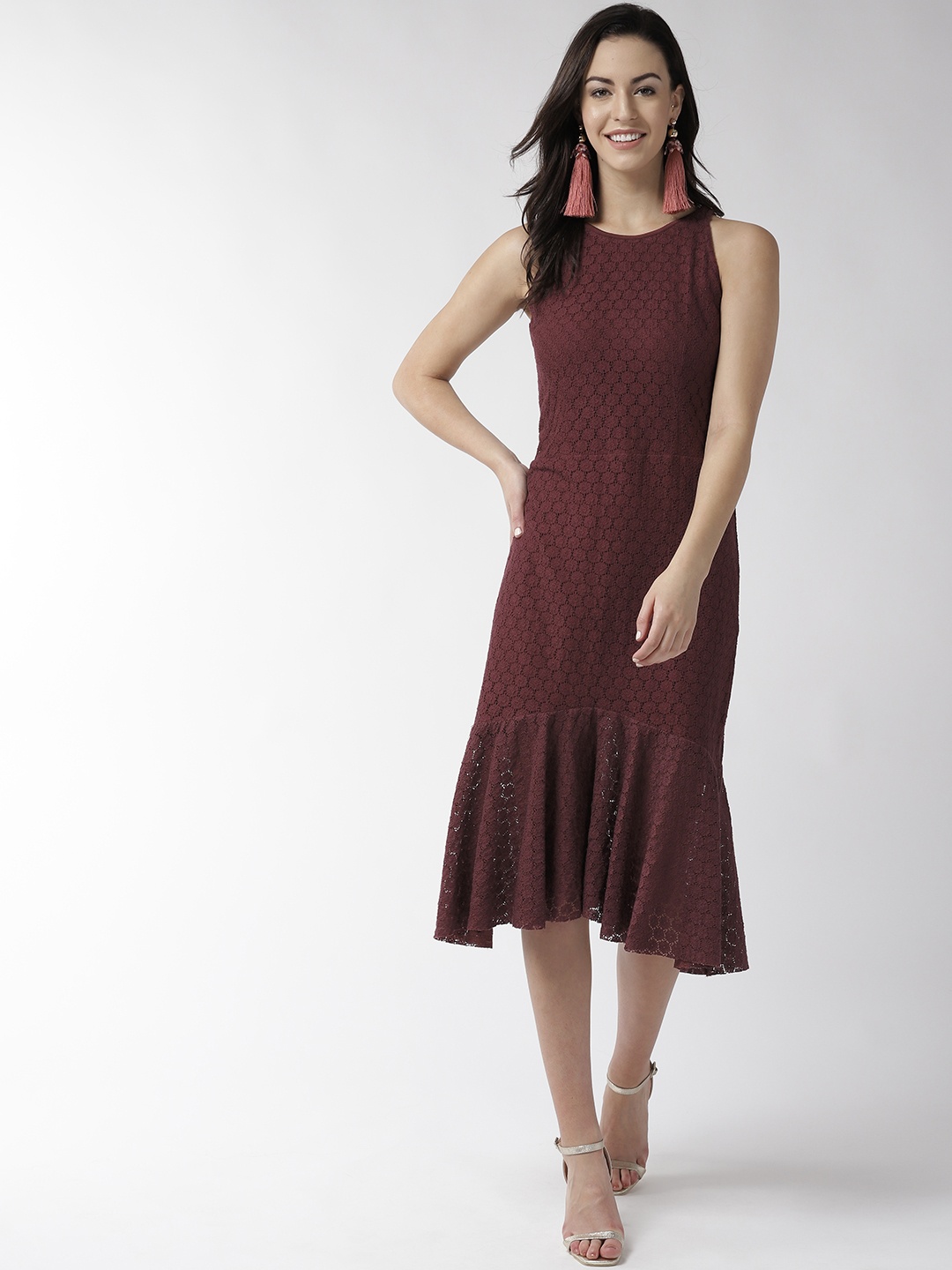 

Taurus Women Burgundy Crotchet Detail A-Line Dress