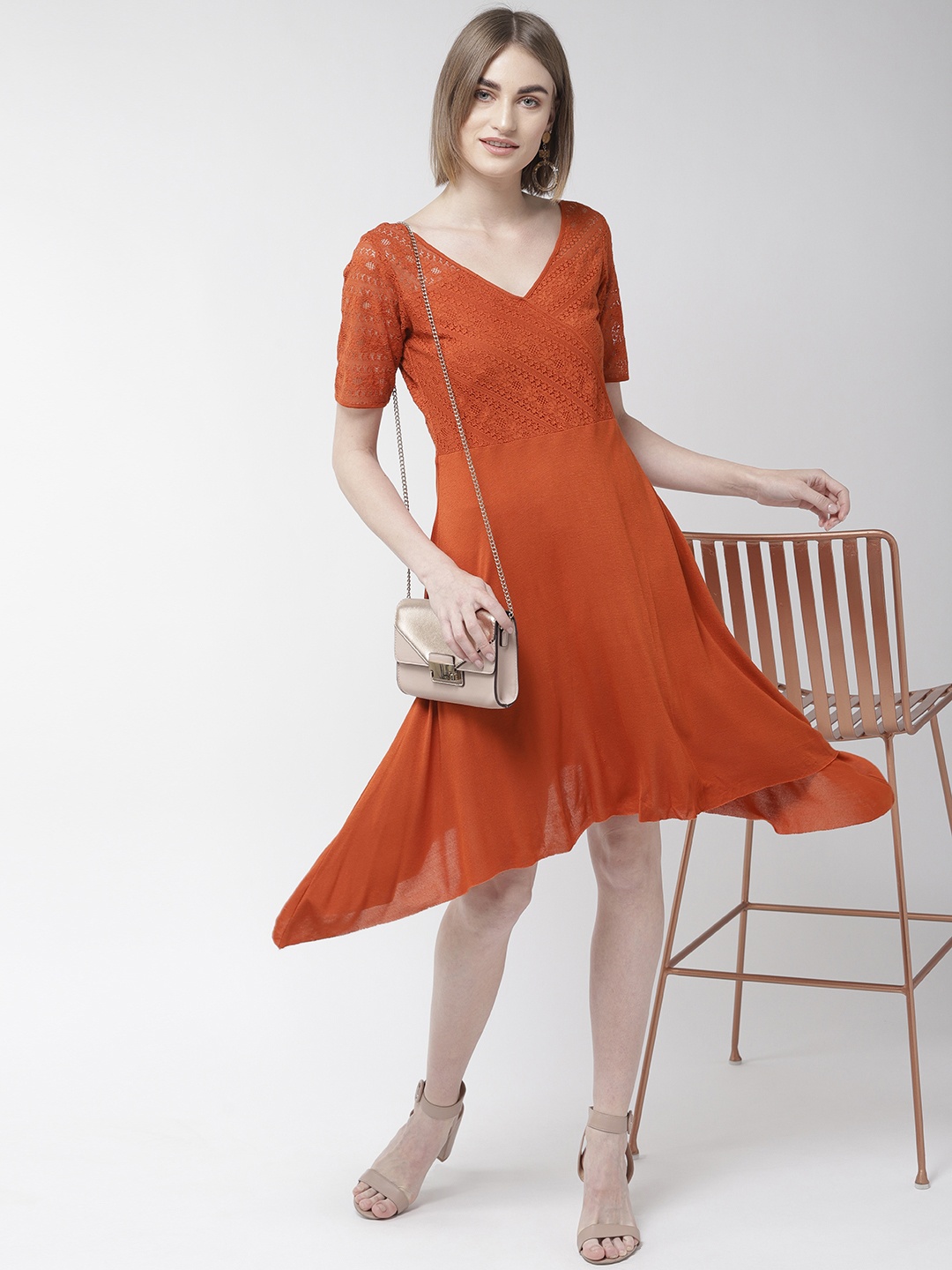 

Taurus Women Solid Rust Orange Wrap Dress