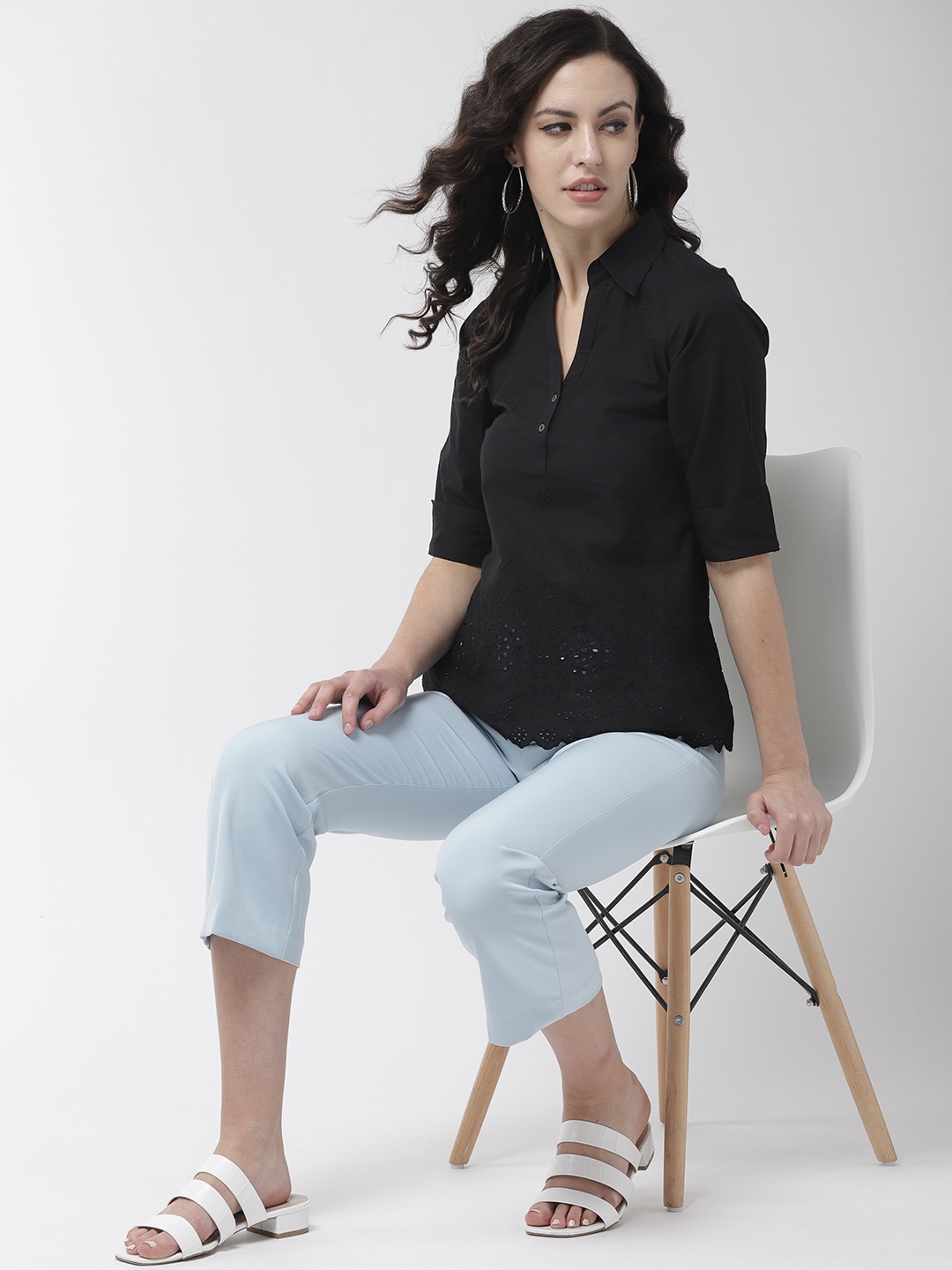 

Taurus Women Black Embroidered Pure Cotton Shirt Style Pure Cotton Top