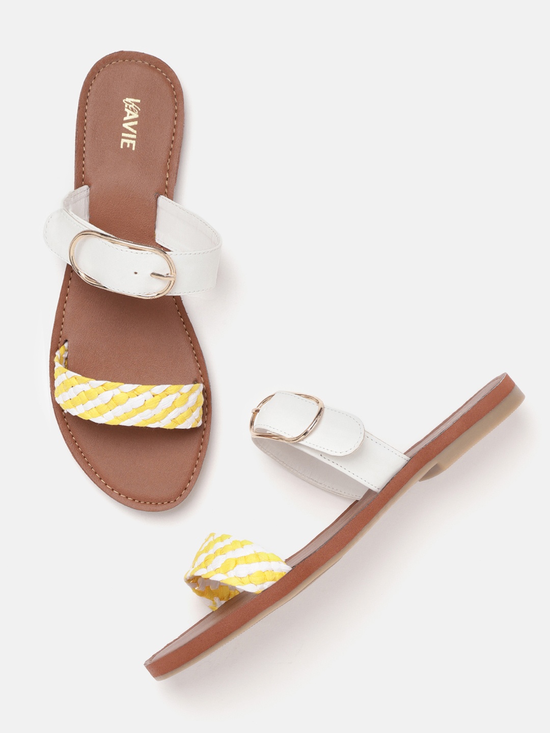 

Lavie Women Yellow & White Striped Open Toe Flats