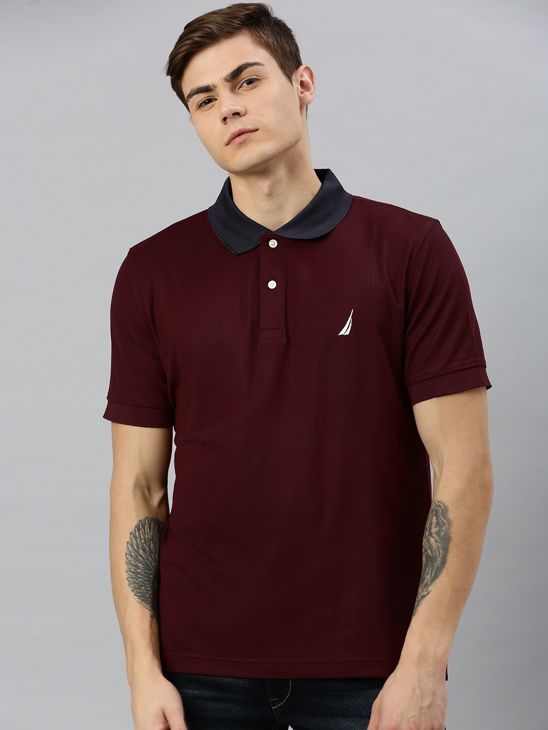 

Nautica Men Burgundy Solid Polo Collar T-shirt