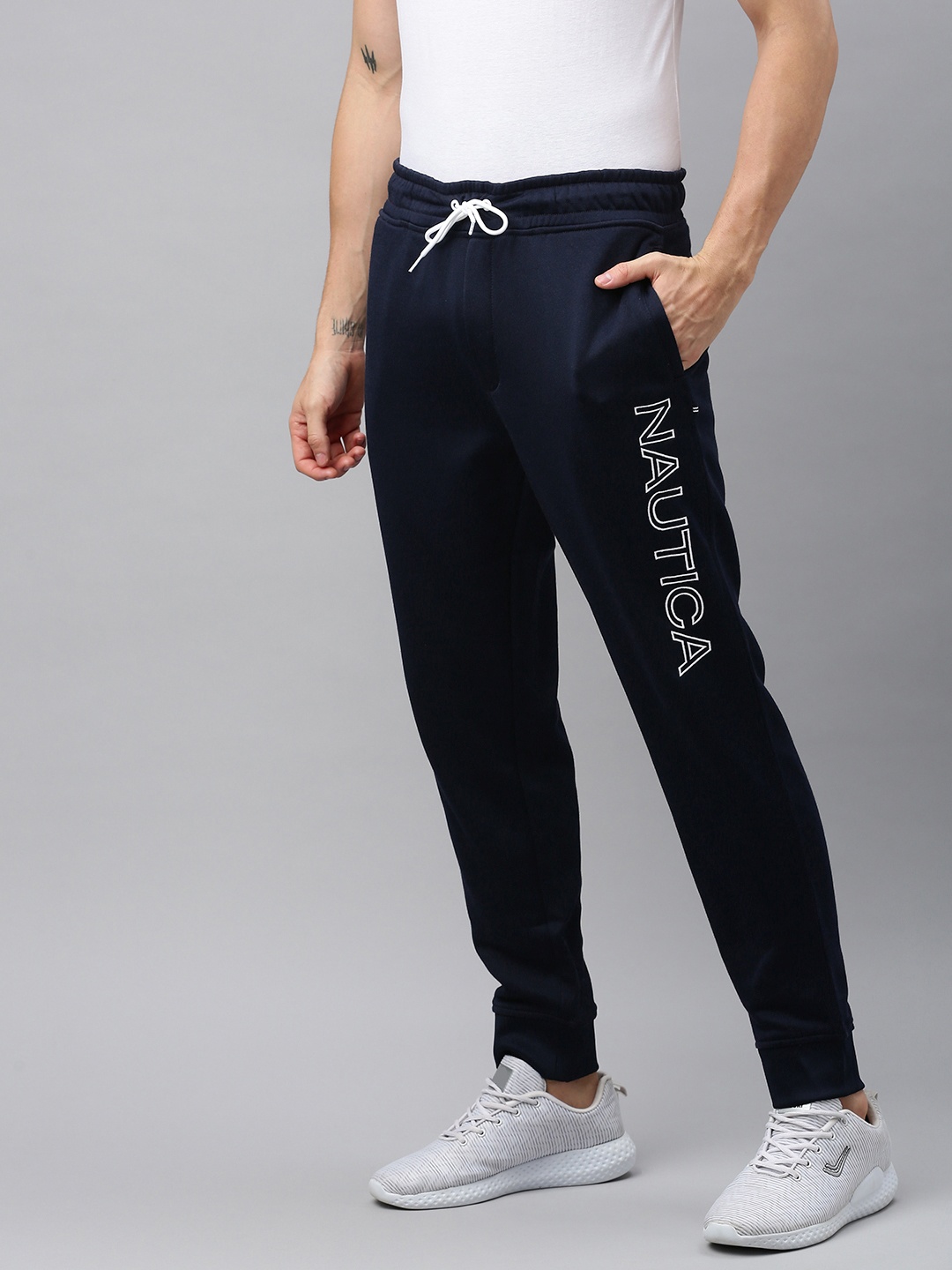 

Nautica Men Navy Blue Solid Joggers with Printed Detail