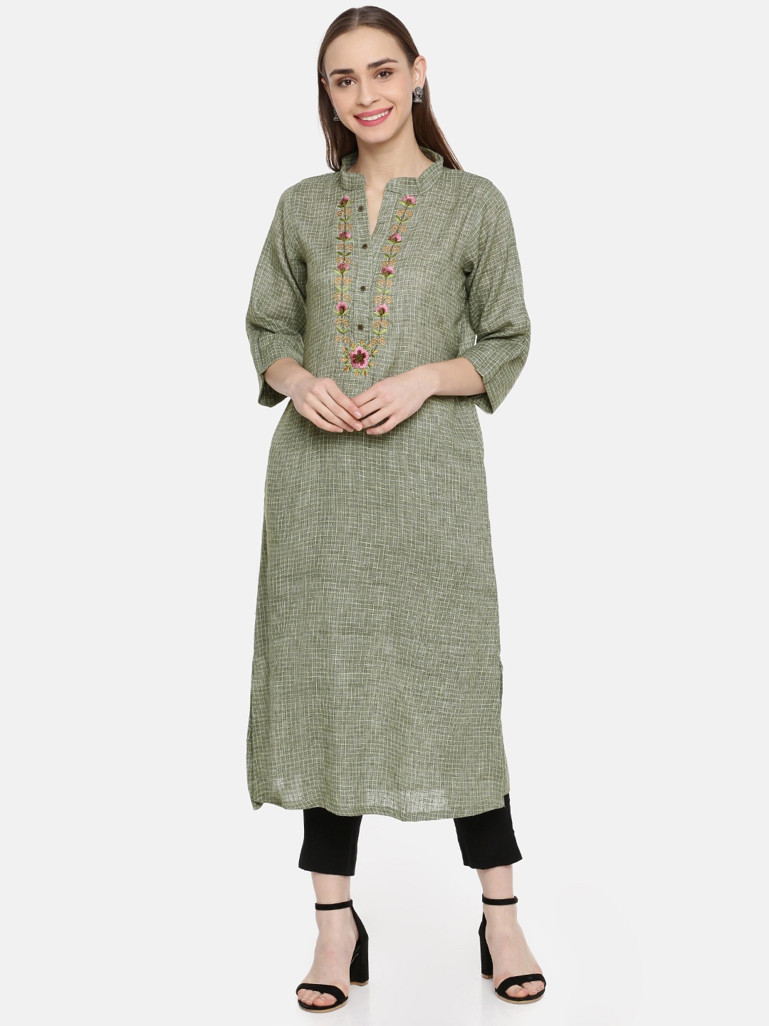 

Kvsfab Women Olive Green Yoke Design Straight Kurta