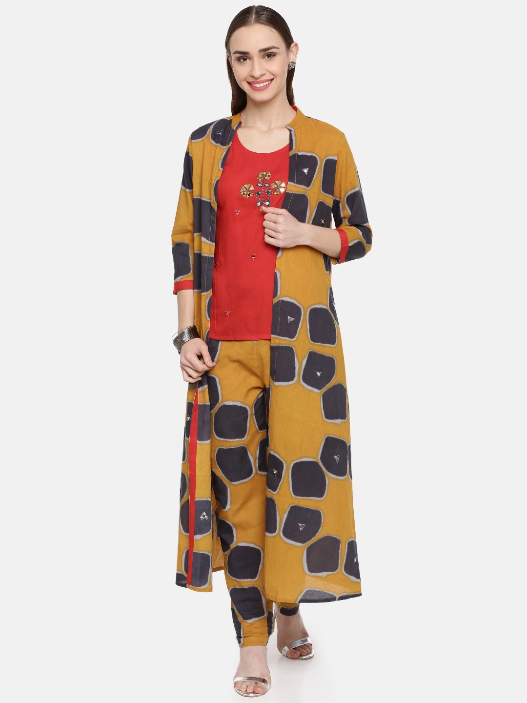 

Kvsfab Women Red & Mustard Yellow Embroidered Kurta with Trousers & Ethnic Jacket