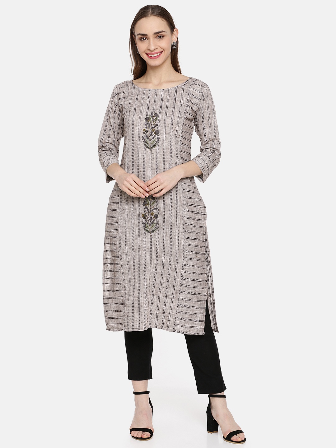 

Kvsfab Women Grey & White Embroidered Straight Kurta