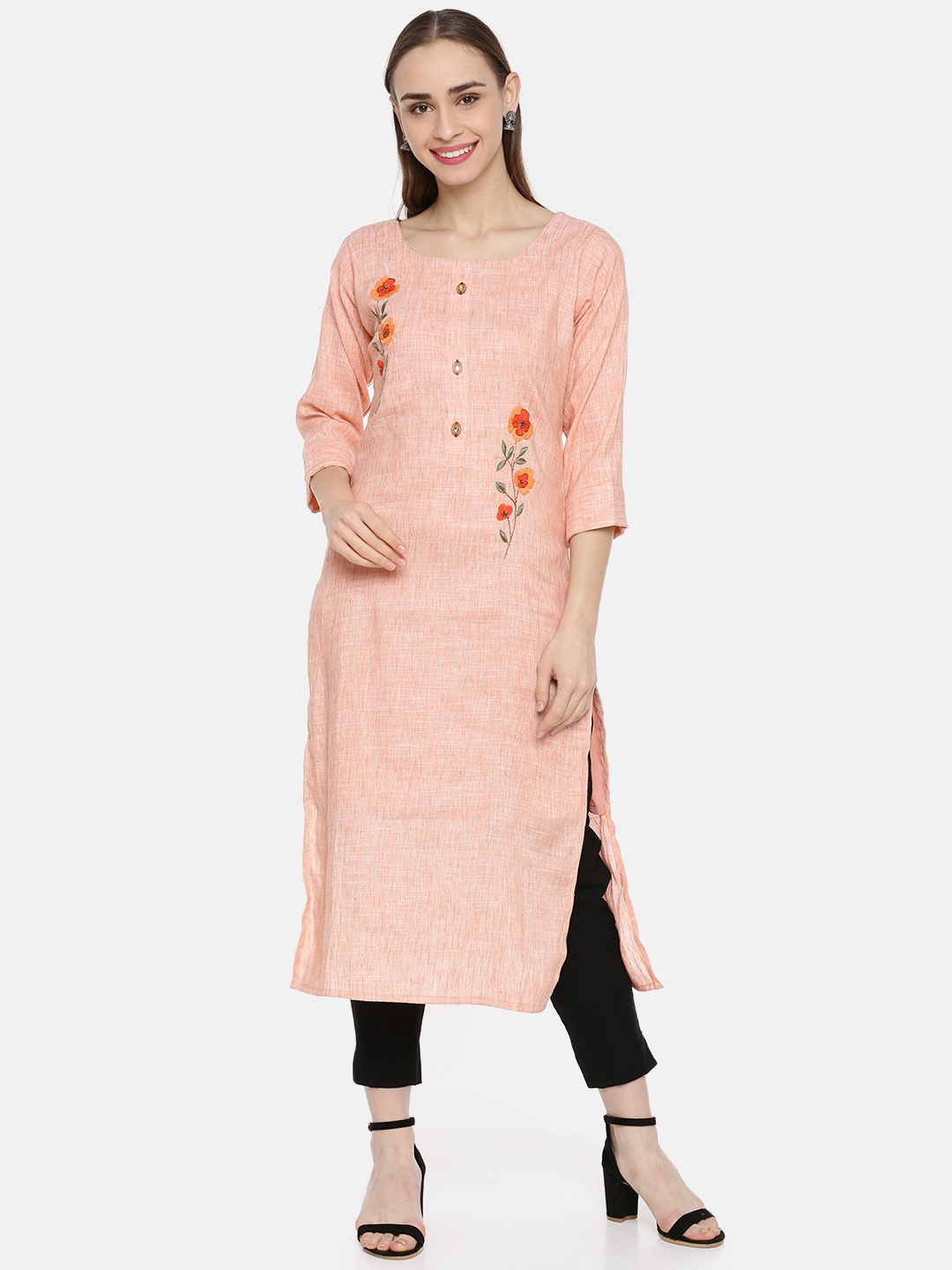 

Kvsfab Women Peach-Coloured & Green Striped Embroidered Detail Straight Kurta