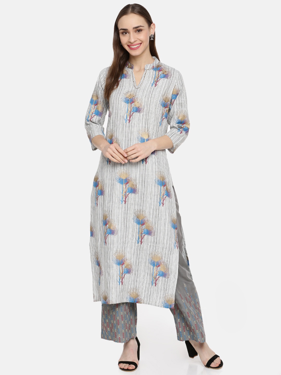 

Kvsfab Women Grey & White Printed Straight Kurta with Palazzos