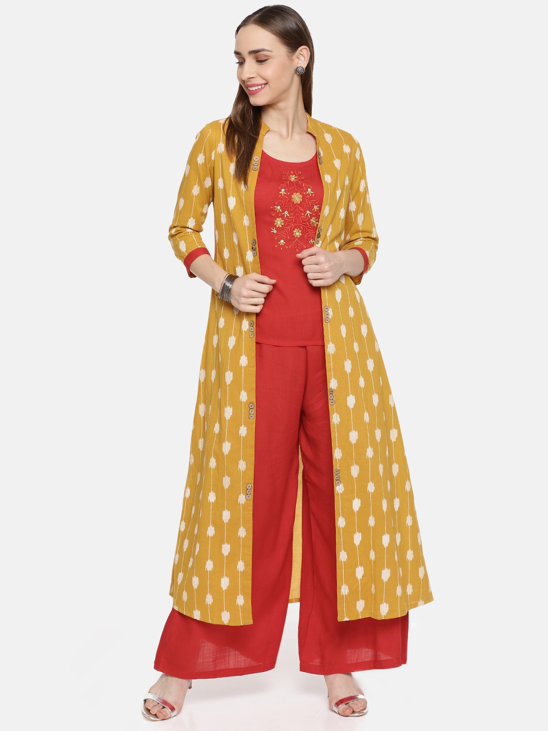 

Kvsfab Women Red & Mustard Yellow Embroidered Top with Palazzos & Ethnic Jacket