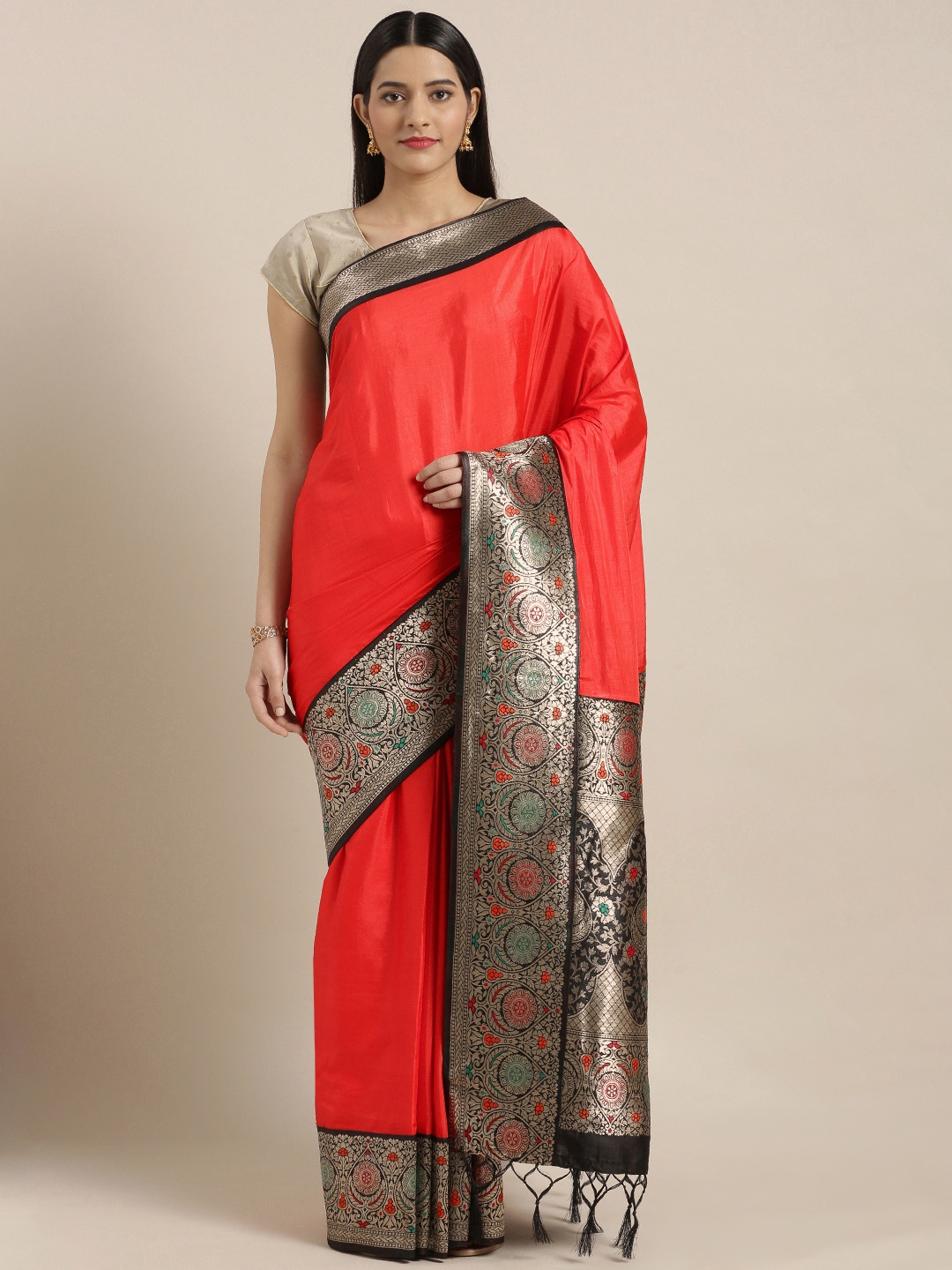 

Varkala Silk Sarees Red & Black Silk Cotton Solid Banarasi Saree