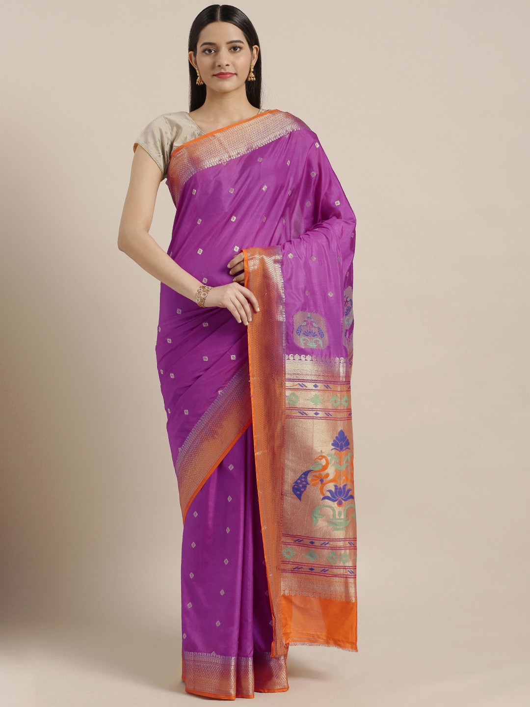 

Varkala Silk Sarees Purple & Orange Silk Cotton Woven Design Paithani Saree