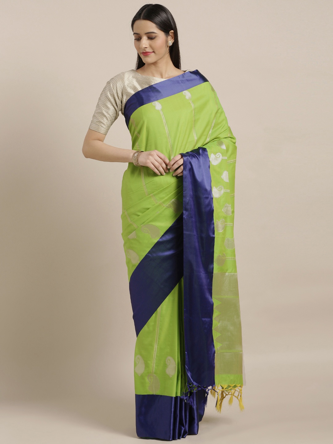 

Varkala Silk Sarees Fluorescent Green & Blue Silk Blend Woven Design Kanjeevaram Saree
