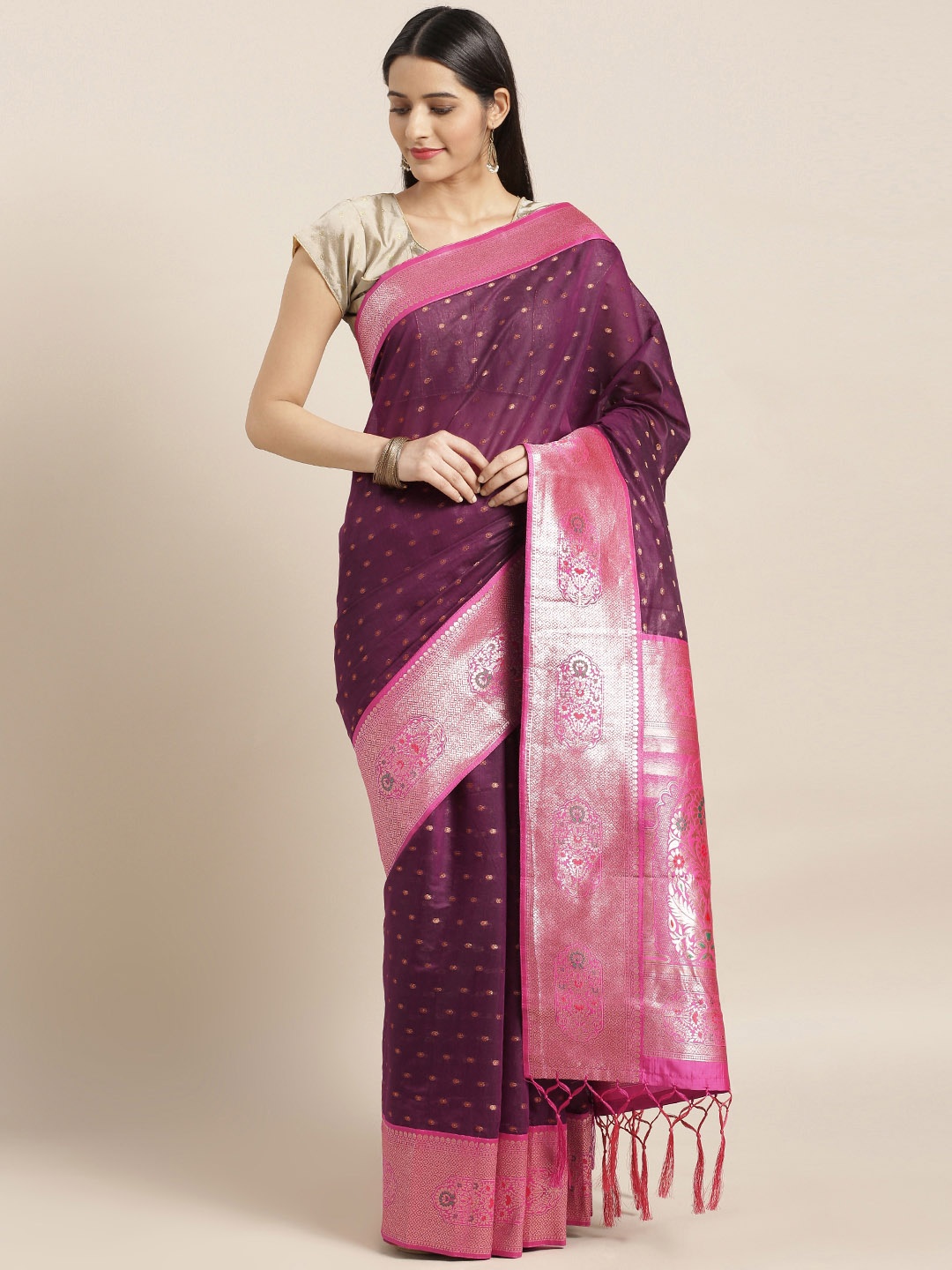 

Varkala Silk Sarees Burgundy & Golden Silk Cotton Woven Design Banarasi Saree
