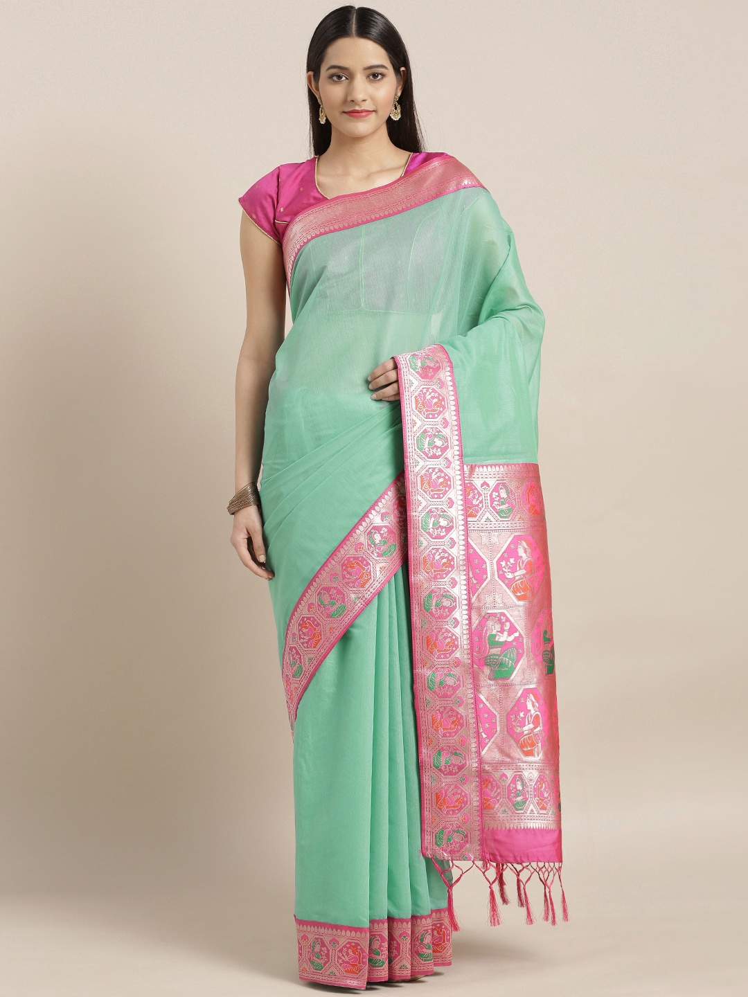 

Varkala Silk Sarees Teal Green & Pink Silk Cotton Solid Banarasi Saree