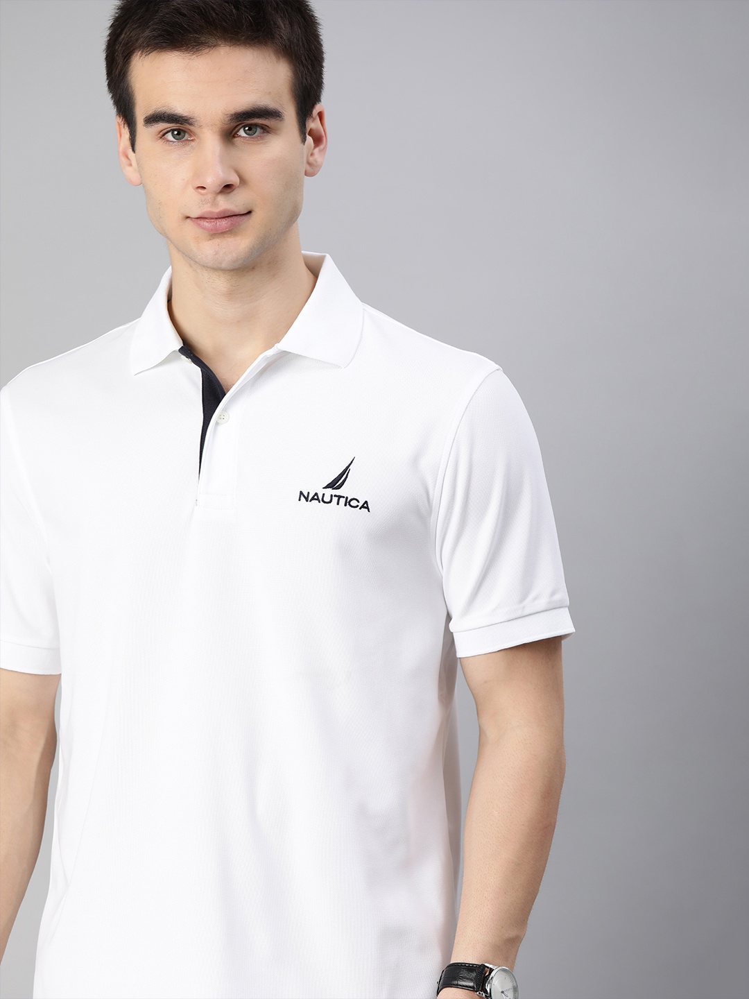 

Nautica Men White Solid Polo Collar T-shirt
