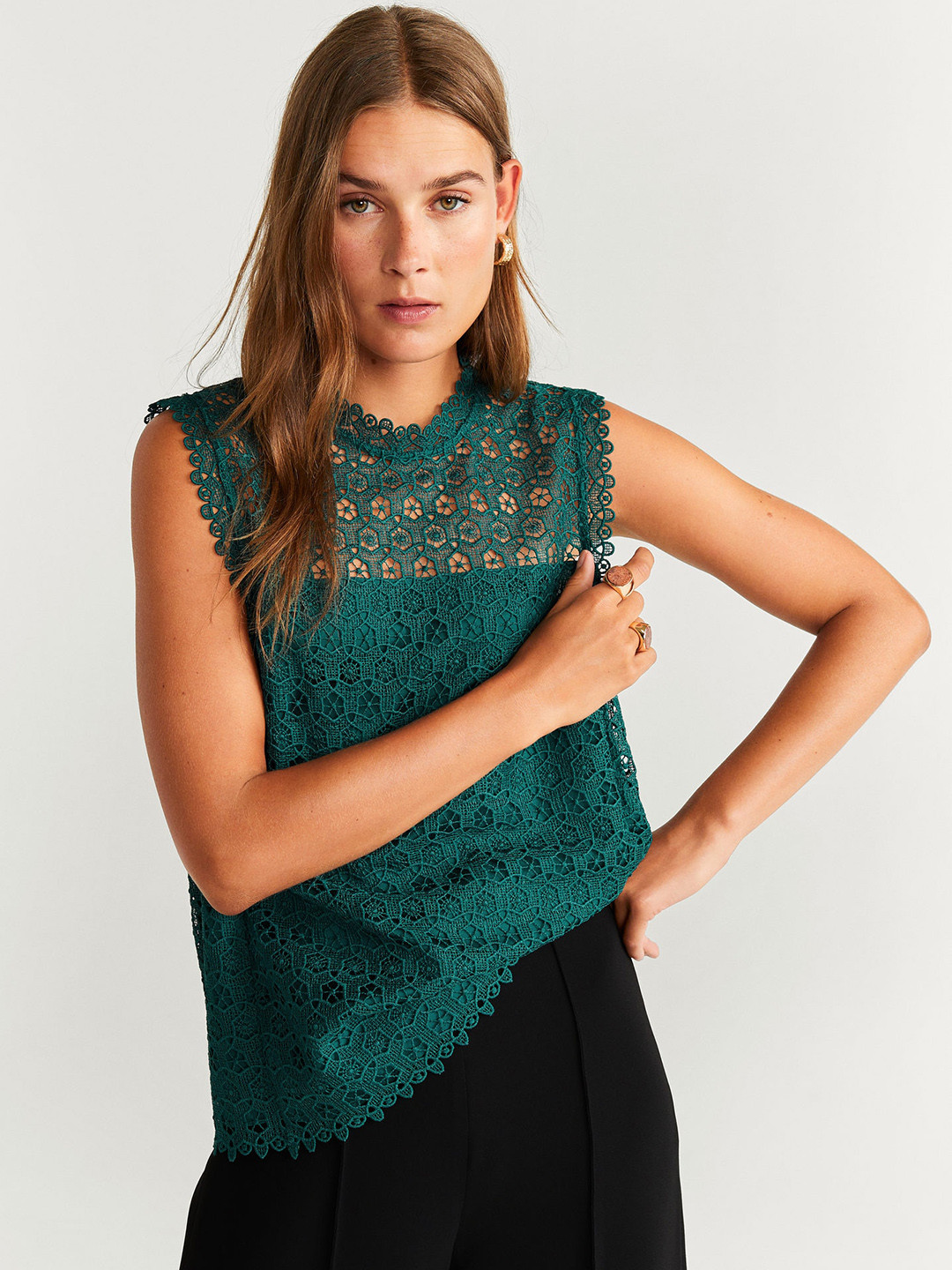 

MANGO Women Green Lace Top
