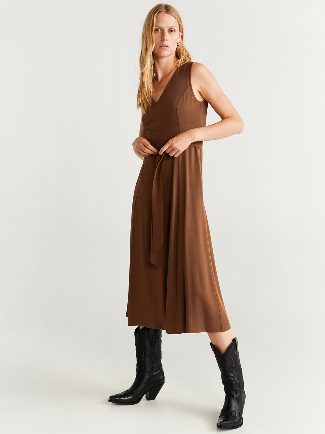 

MANGO Women Mustard Brown Solid A-Line Dress