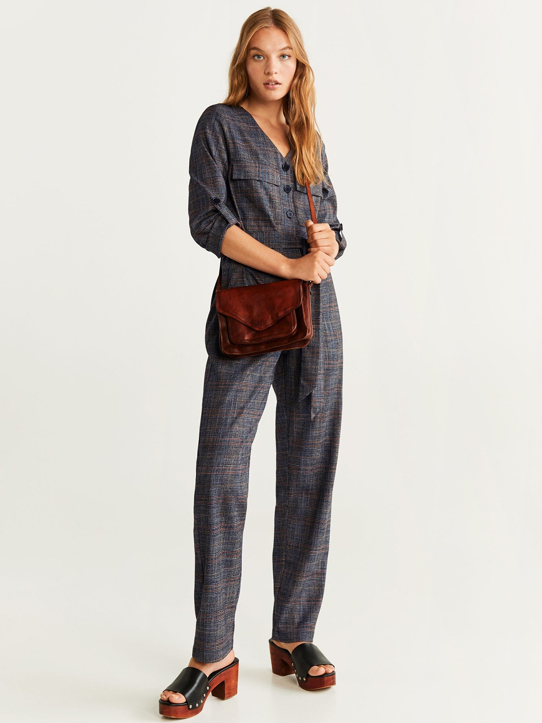 

MANGO Women Charcoal Grey & Brown Checked Basic Jumpsuit
