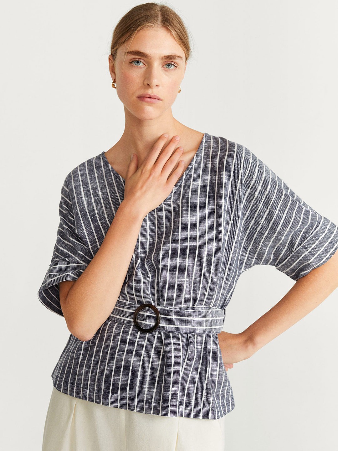 

MANGO Women Navy Blue & White Striped Pure Cotton Top