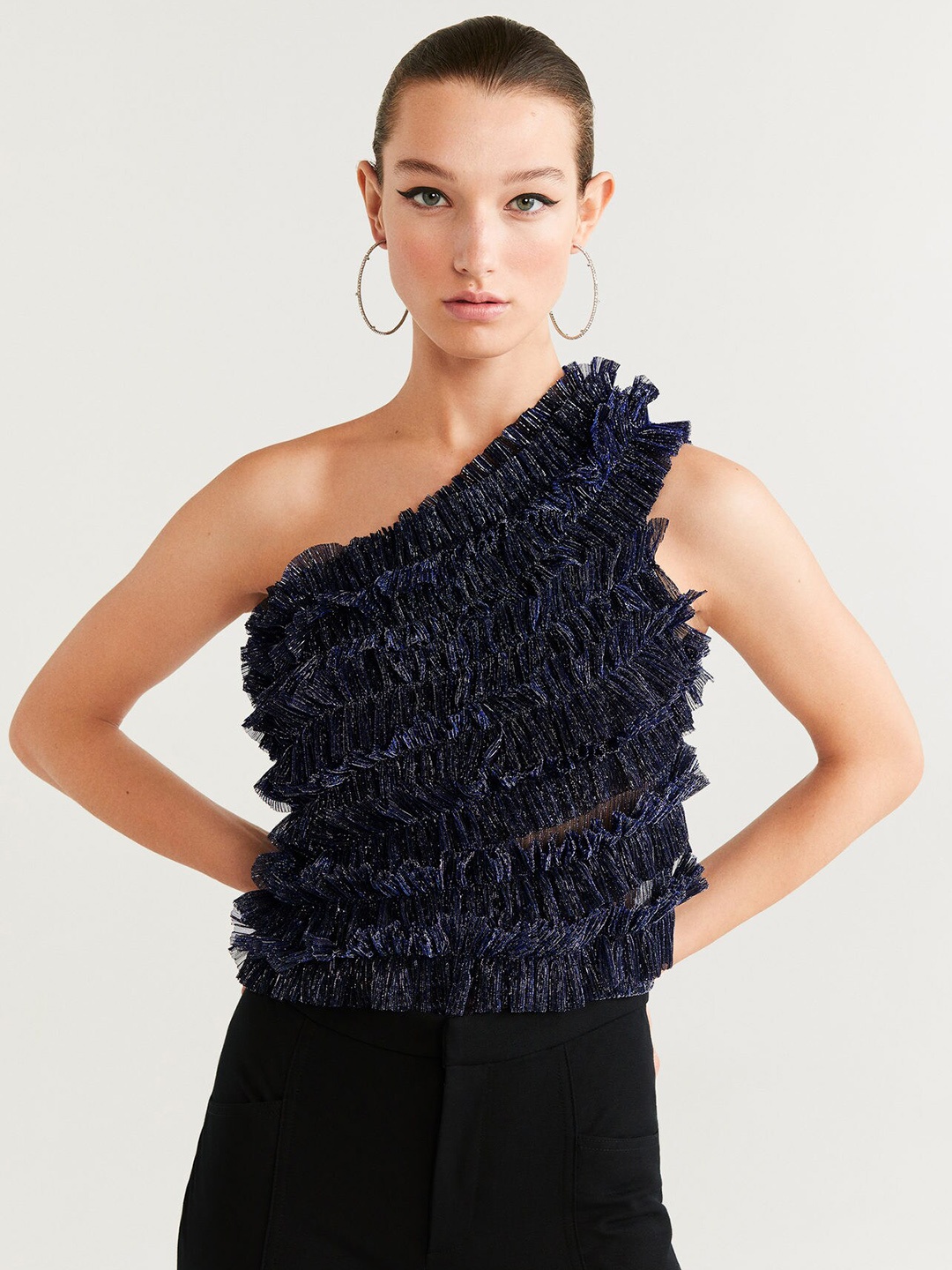 

MANGO Women Navy Blue Shimmery Frilled Self Design One-Shoulder Top