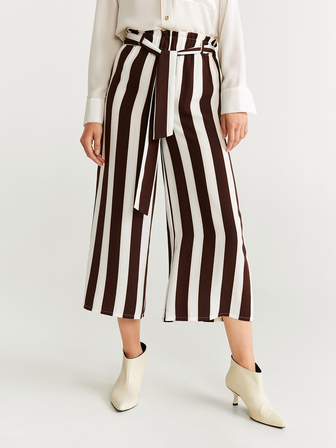 

MANGO Women Off-White & Brown Regular Fit Striped Culottes