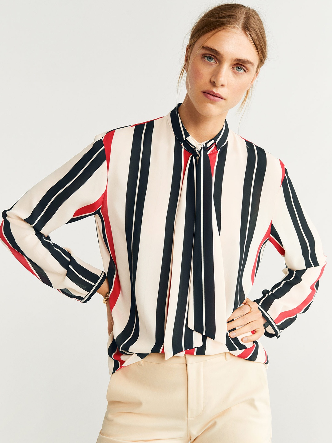 

MANGO Women Cream-Coloured & Black Regular Fit Striped Casual Shirt