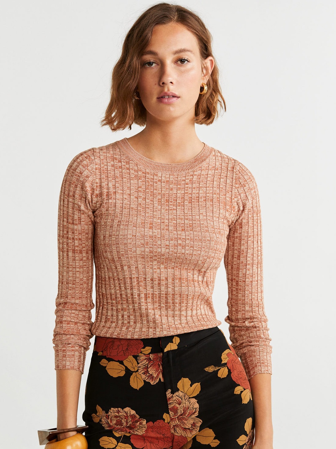 

MANGO Women Rust Brown Ribbed Pullover