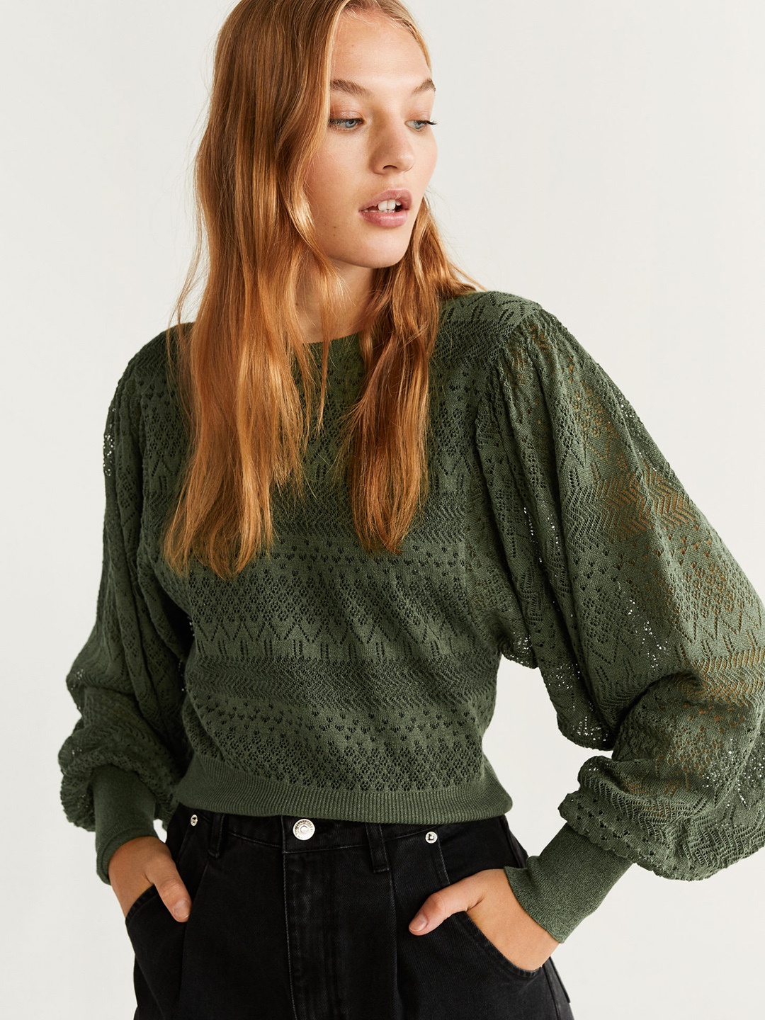 

MANGO Women Olive Green Self Design Winter Top