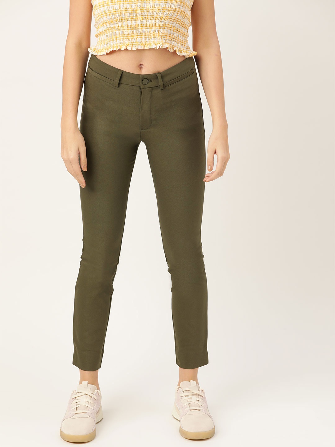 

MANGO Women Olive Green Regular Fit Solid Cropped Trousers