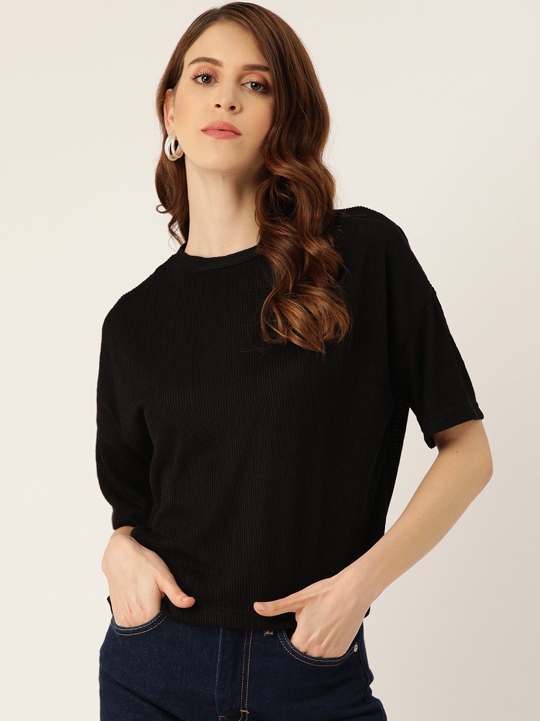 

MANGO Women Black Self-Striped Boxy Top