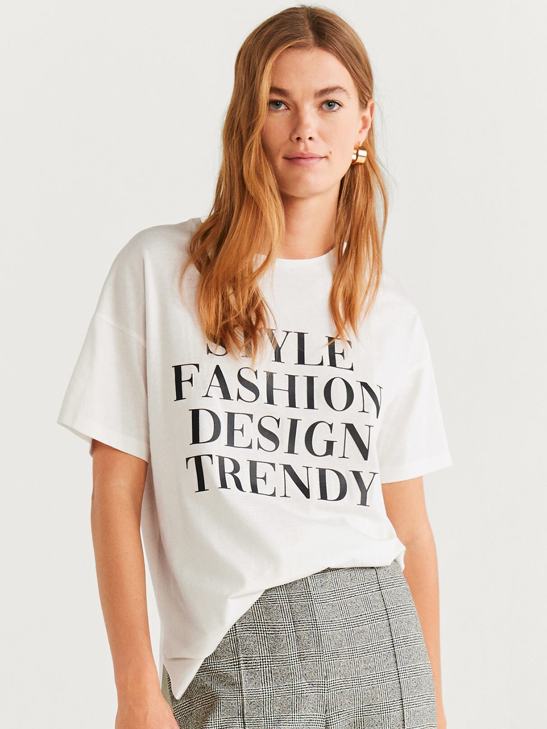

MANGO Women White Black Organic Cotton Printed Round Neck Organic Cotton T-shirt