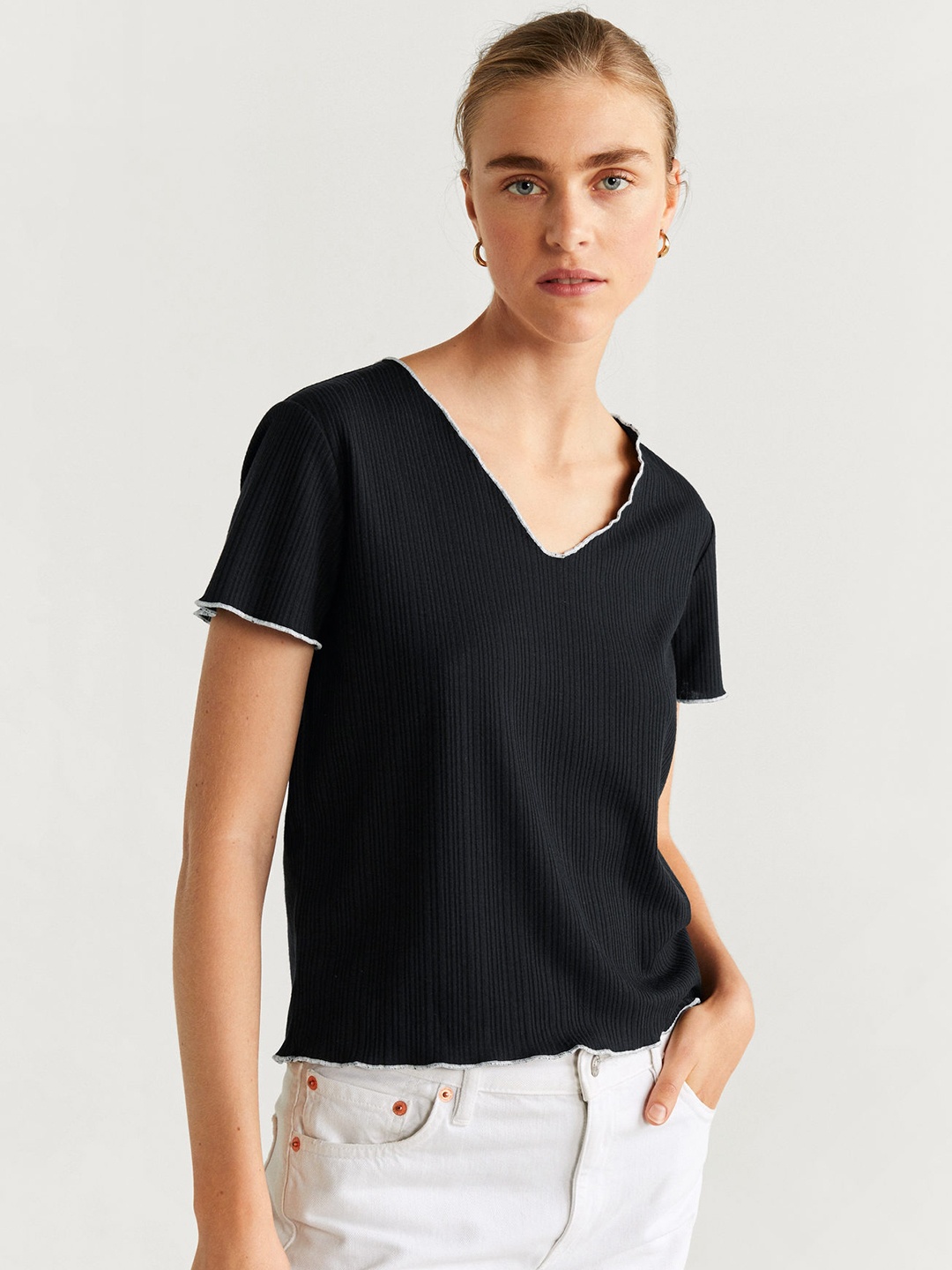 

MANGO Women Black Ribbed V-Neck T-shirt