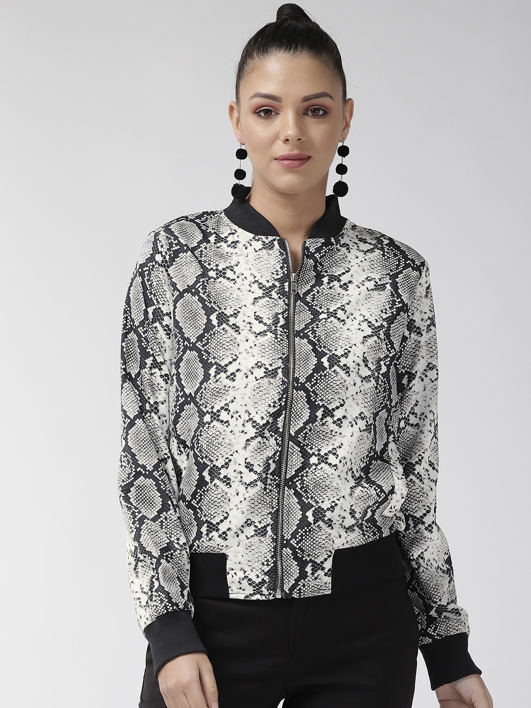 

plusS Women White & Black Printed Bomber Jacket
