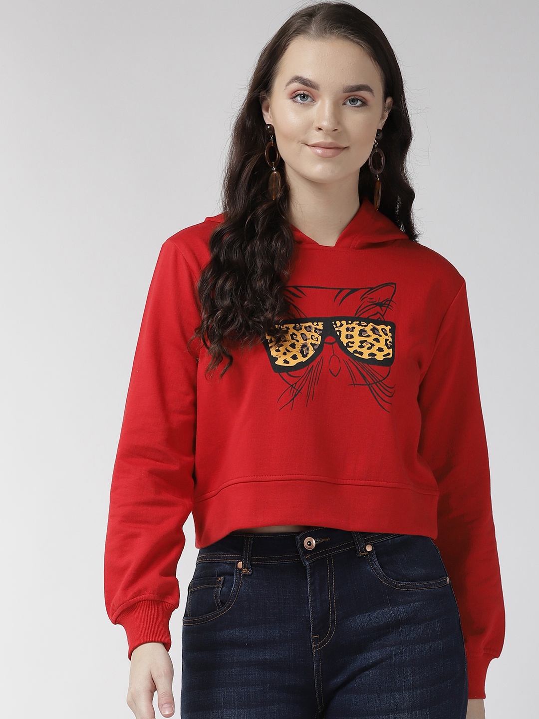 

plusS Women Red & Yellow Printed Crop Hooded Sweatshirt