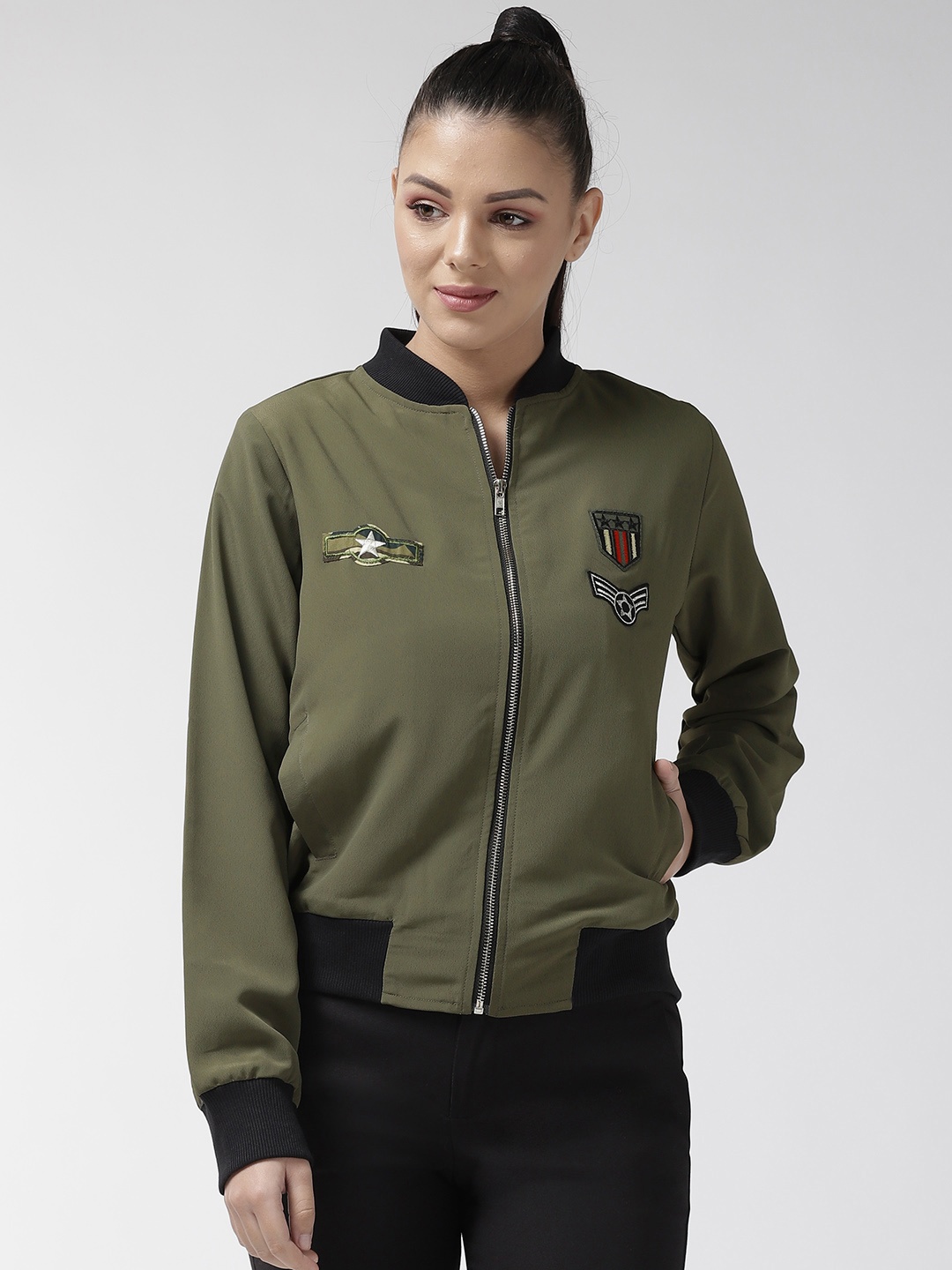 

plusS Women Olive Green Solid Bomber Jacket