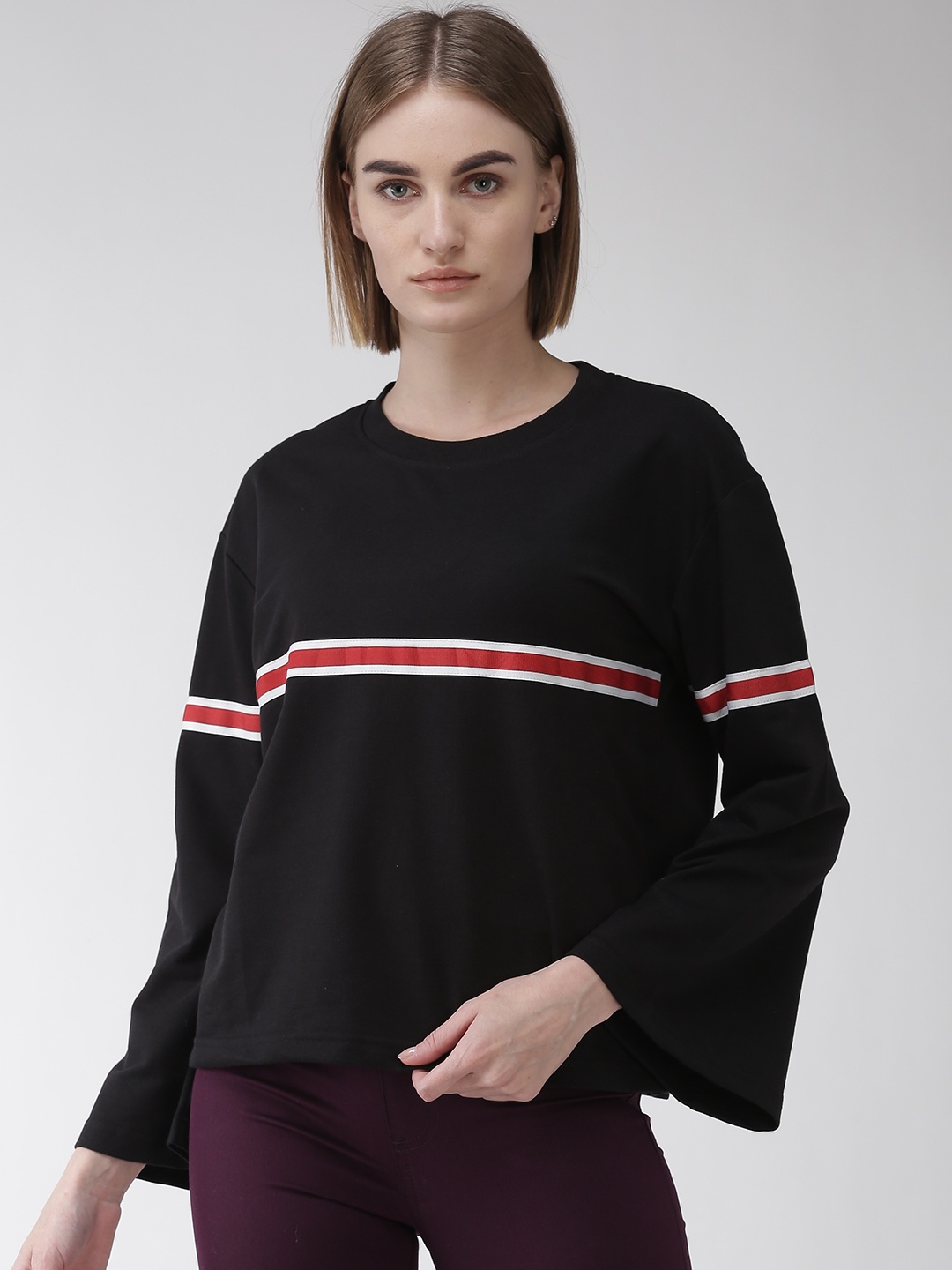 

plusS Women Black & Red Solid Sweatshirt
