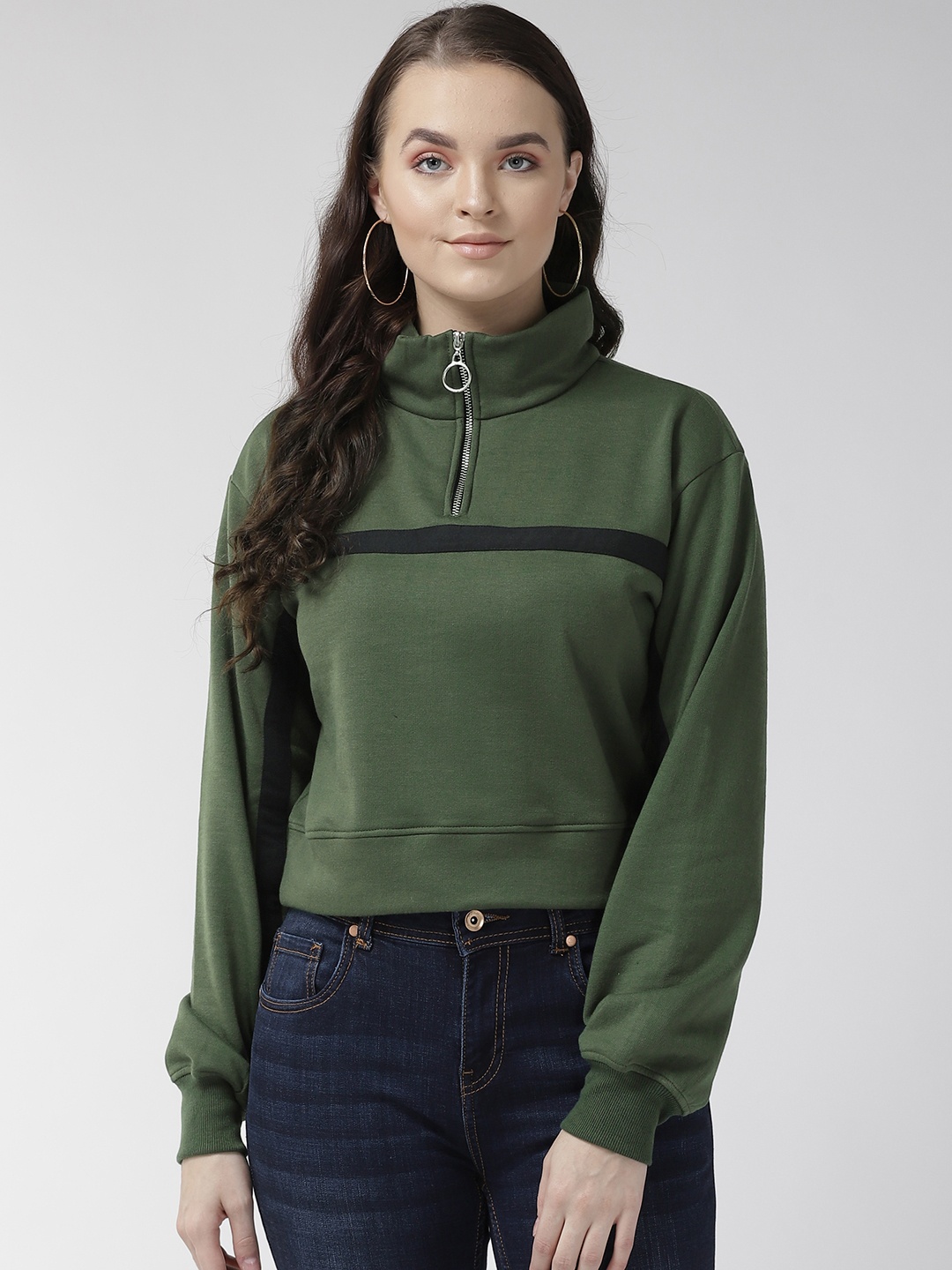 

plusS Women Olive Green & Black Solid Sweatshirt
